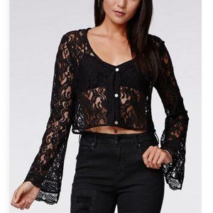 Kendall & Kylie Crop Button Up Lace Bell Sleeve